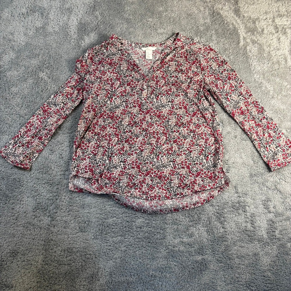 HM Floral Long Sleeve Blouse Red Pink V-Neck Button Front Top Size XS